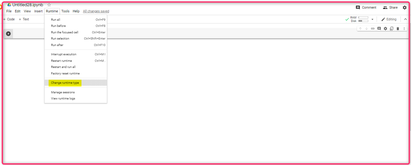 تغییر runtime در Google Colab