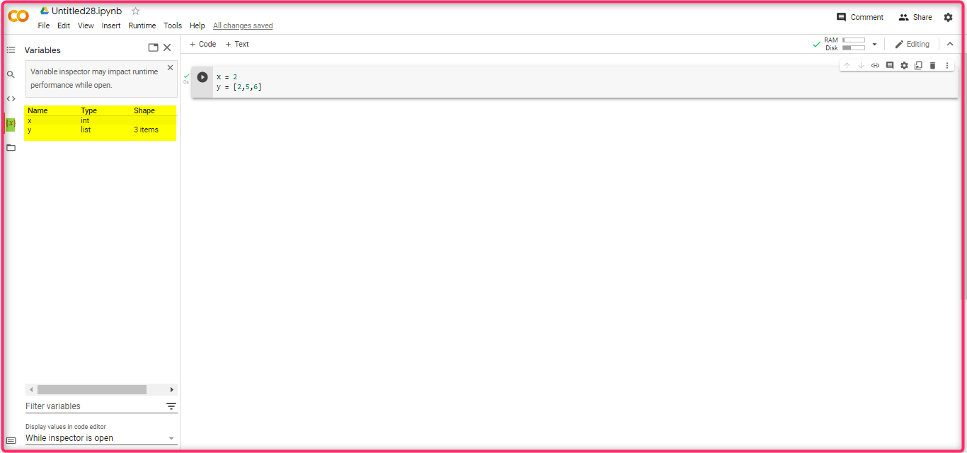 Variables در محیط Google Colab